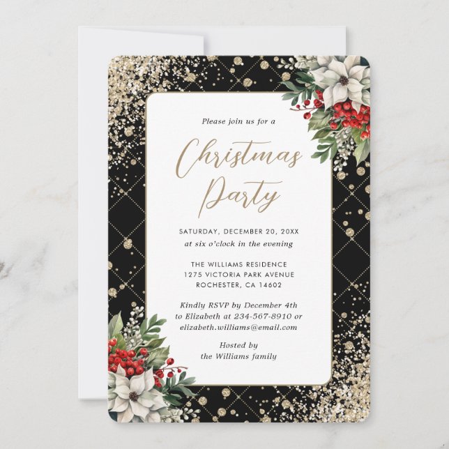 Elegant Black Gold Botanical Christmas Party Einladung (Vorderseite)