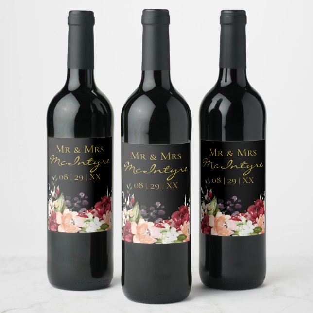 Elegant Black Gold Burgundy Blush Floral Mr. & Mrs Weinetikett (Flaschen)