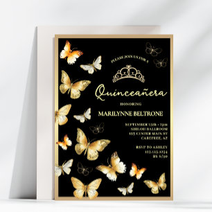 Elegant Black Gold Butterfly Quinceñera Einladung