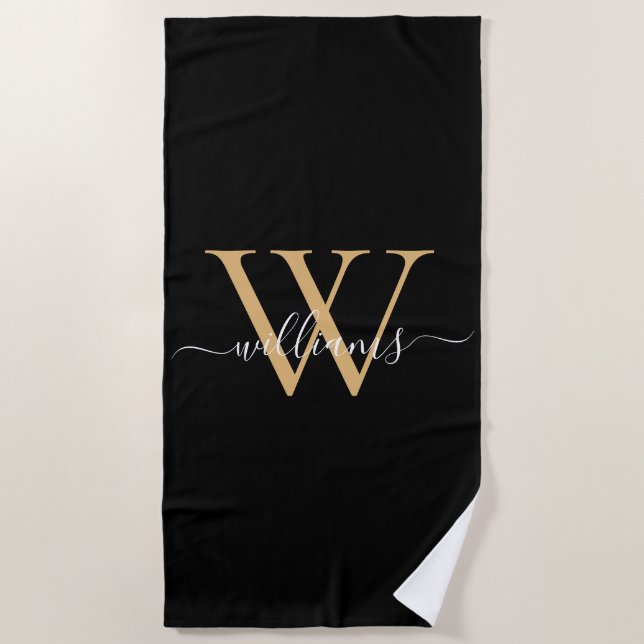 Elegant Black Gold Custom Monogram Script Name Strandtuch (Vorderseite)