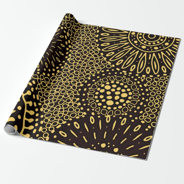Elegant Black Gold Ethnic Floral Wrapping Paper Geschenkpapier (Ungerollt)