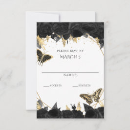 Elegant Black Gold Floral Butterflies Quinceanera RSVP Karte