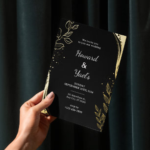 Elegant Black Gold Floral   Leaf Design Wedding Folieneinladung