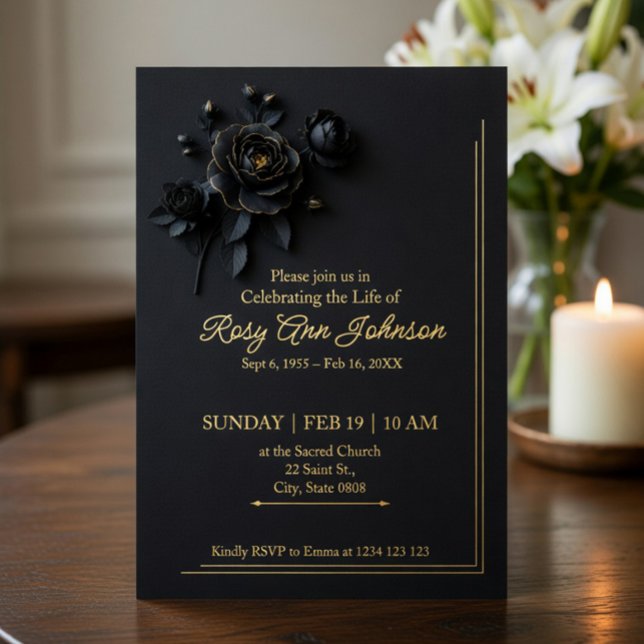 Elegant Black & Gold Floral Memorial Invitation  Folieneinladung (Von Creator hochgeladen)
