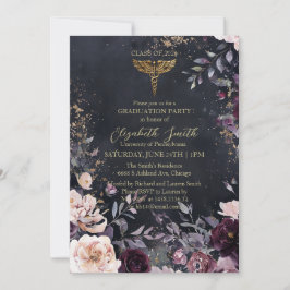 Elegant Black & Gold Floral Nursing Graduation Inv Einladung