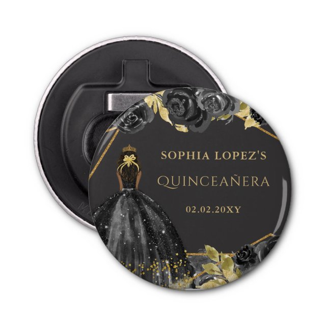 Elegant Black Gold Floral Princess Quinceanera Flaschenöffner (Vorderseite)