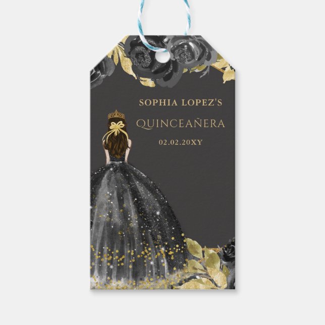Elegant Black Gold Floral Princess Quinceanera Geschenkanhänger (Vorderseite)