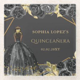 Elegant Black Gold Floral Princess Quinceanera Glasuntersetzer