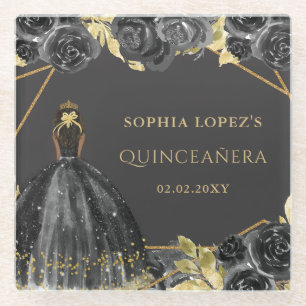 Elegant Black Gold Floral Princess Quinceanera Glasuntersetzer