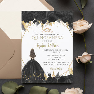 Elegant Black Gold Floral Princess Quinceañera Inv Einladung