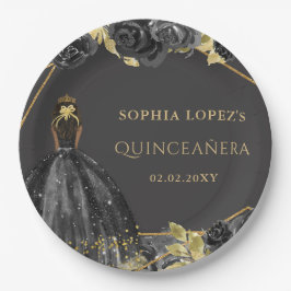 Elegant Black Gold Floral Princess Quinceanera Pappteller