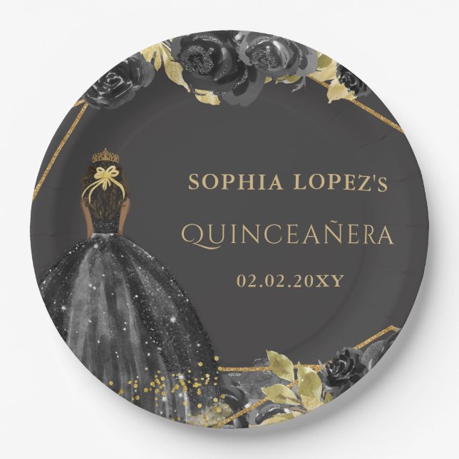 Elegant Black Gold Floral Princess Quinceanera Pappteller (Vorderseite)
