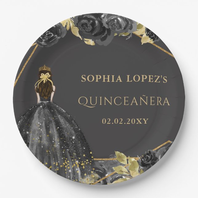 Elegant Black Gold Floral Princess Quinceanera Pappteller (Vorderseite)
