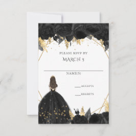 Elegant Black Gold Floral Princess Quinceanera RSVP Karte