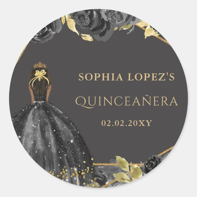 Elegant Black Gold Floral Princess Quinceanera Runder Aufkleber (Vorderseite)