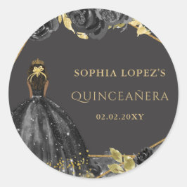 Elegant Black Gold Floral Princess Quinceanera Runder Aufkleber
