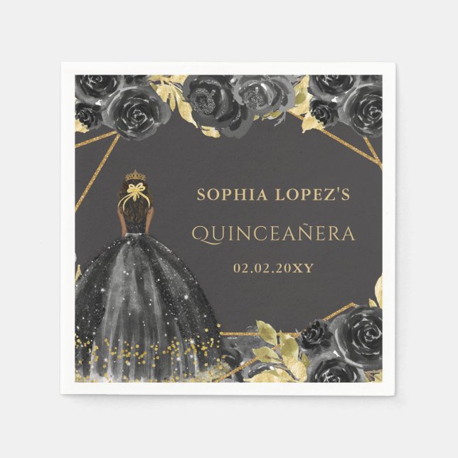 Elegant Black Gold Floral Princess Quinceanera Serviette (Vorderseite)