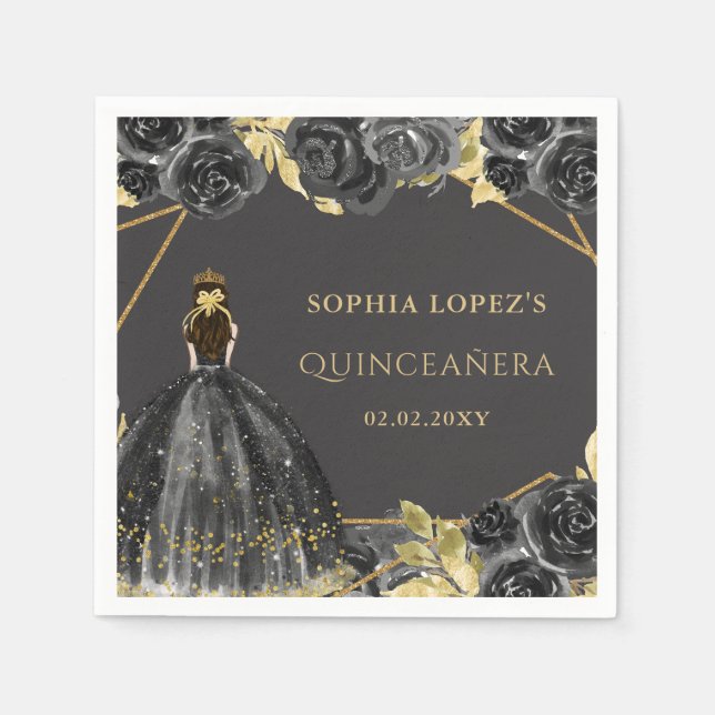 Elegant Black Gold Floral Princess Quinceanera Serviette (Vorderseite)