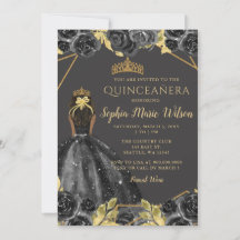 Elegant Black Gold Floral Prinzessin Quinceañera