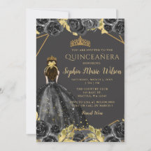 Elegant Black Gold Floral Prinzessin Quinceañera