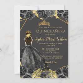 Elegant Black Gold Floral Prinzessin Quinceañera Einladung