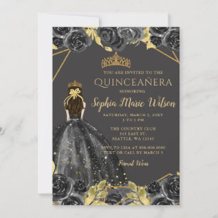 Elegant Black Gold Floral Prinzessin Quinceañera Einladung