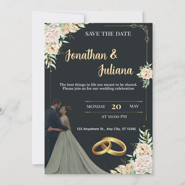 Elegant Black & Gold Floral Save the Date Wedding  Einladung (Vorderseite)