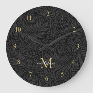 Elegant Black Gold Floral Script Monogram Große Wanduhr