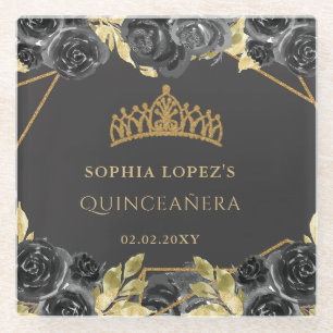 Elegant Black Gold Floral Tiara Quinceanera Glasuntersetzer