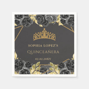 Elegant Black Gold Floral Tiara Quinceanera Serviette