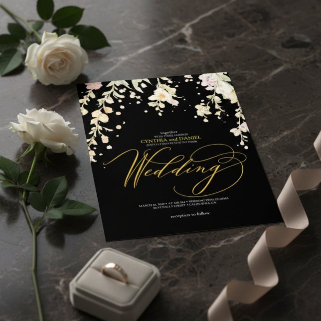 Elegant Black & Gold Floral Watercolor Wedding Einladung (Von Creator hochgeladen)