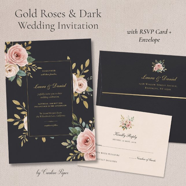 Elegant Black & Gold Floral Wedding Invitation Einladung (Von Creator hochgeladen)