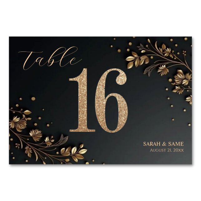Elegant Black Gold Floral Wedding Table Card Tischnummer (Vorderseite)
