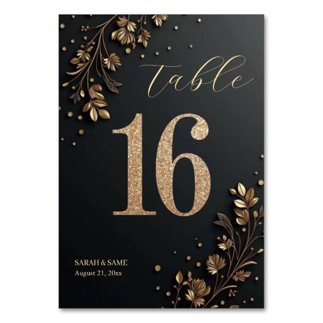 Elegant Black Gold Floral Wedding Table Card Tischnummer (Vorderseite)