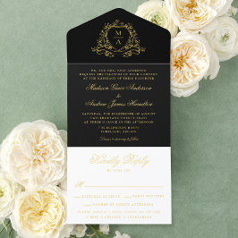 Elegant Black Gold Foil Crest Monogram Wedding  All-in-One-Einladung
