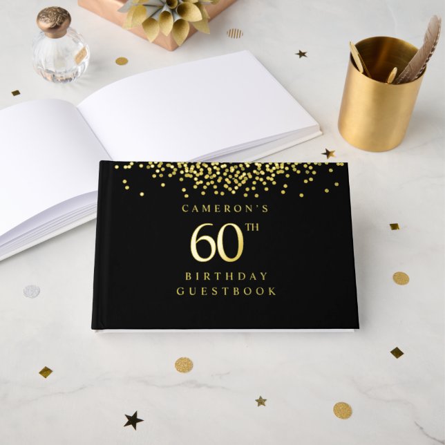 Elegant black gold foil Custom 60th birthday  Gästebuch (Vorderseite Offen)
