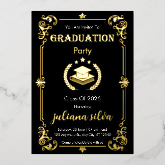 Elegant Black & Gold Foil Graduation Invitation Folieneinladung