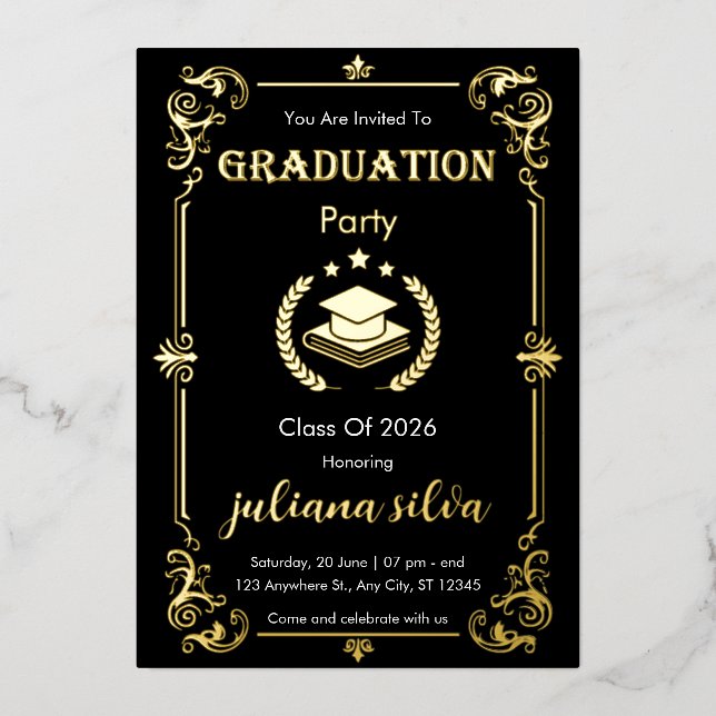 Elegant Black & Gold Foil Graduation Invitation Folieneinladung (Vorderseite)