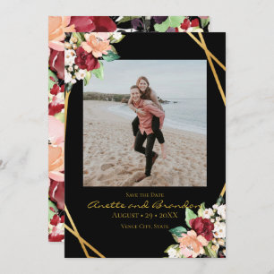 Elegant Black Gold Geometric Burgundy Floral Save The Date