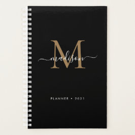 Elegant Black Gold Girly Monogram Script Name 2021 Planer