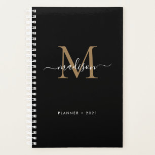 Elegant Black Gold Girly Monogram Script Name 2021 Planer