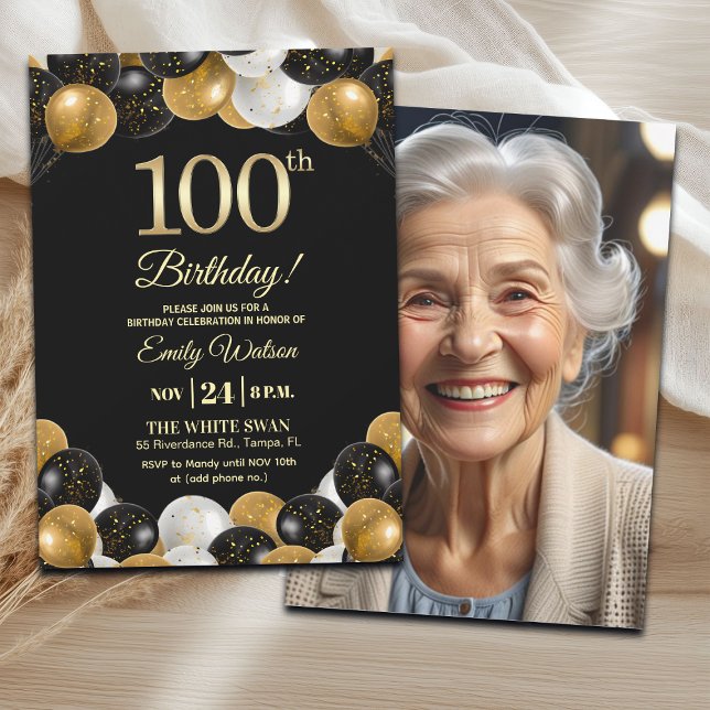 Elegant Black Gold Glitter 100th Birthday Photo Einladung (Von Creator hochgeladen)