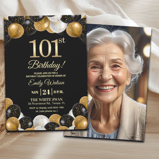 Elegant Black Gold Glitter 101st Birthday Photo Einladung (Von Creator hochgeladen)