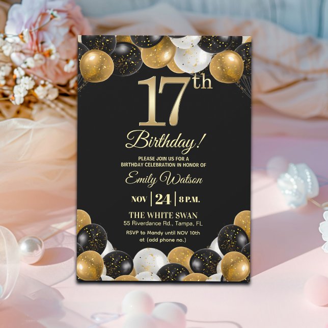 Elegant Black Gold Glitter 17th Birthday Party Einladung (Von Creator hochgeladen)