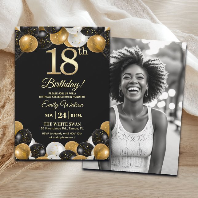 Elegant Black Gold Glitter 18th Birthday Photo Einladung (Von Creator hochgeladen)