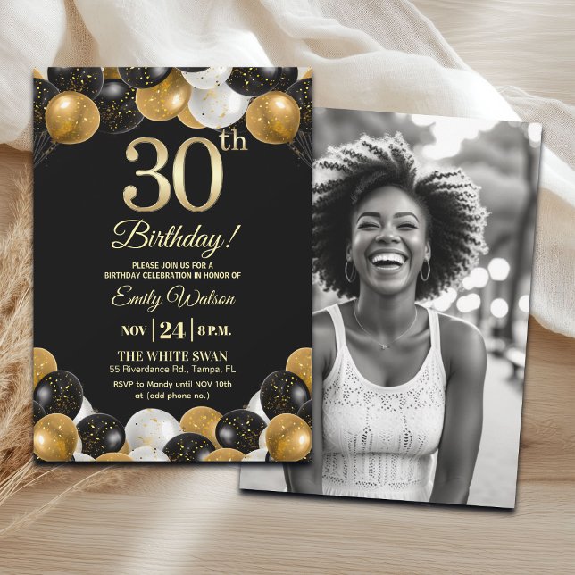 Elegant Black Gold Glitter 30th Birthday Photo Einladung (Von Creator hochgeladen)