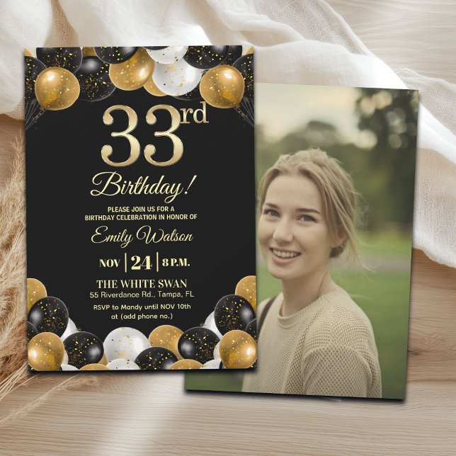 Elegant Black Gold Glitter 33rd Birthday Photo Einladung (Von Creator hochgeladen)