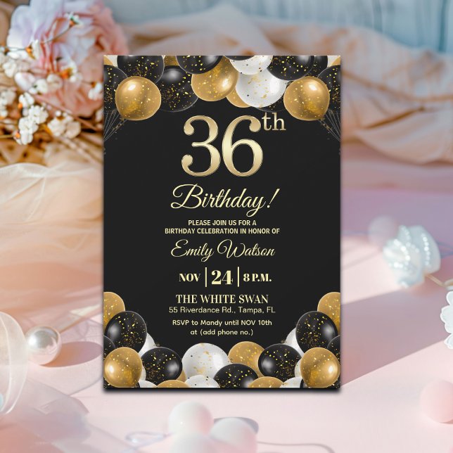 Elegant Black Gold Glitter 36th Birthday Party Einladung (Von Creator hochgeladen)