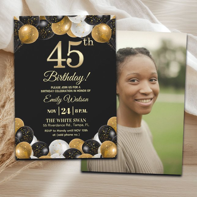 Elegant Black Gold Glitter 45th Birthday Photo Einladung (Von Creator hochgeladen)