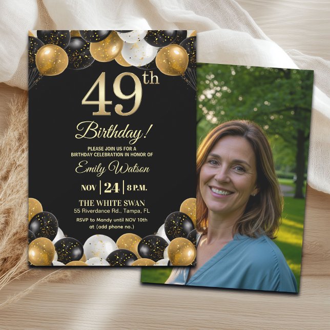 Elegant Black Gold Glitter 49th Birthday Photo Einladung (Von Creator hochgeladen)